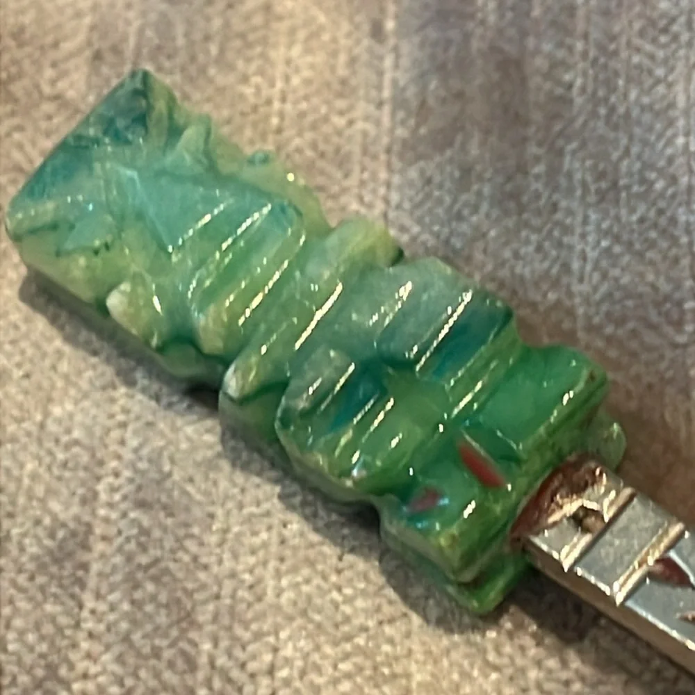 Mexican Green Jade Mayan Calendar Spoon Silver 4 1/4”